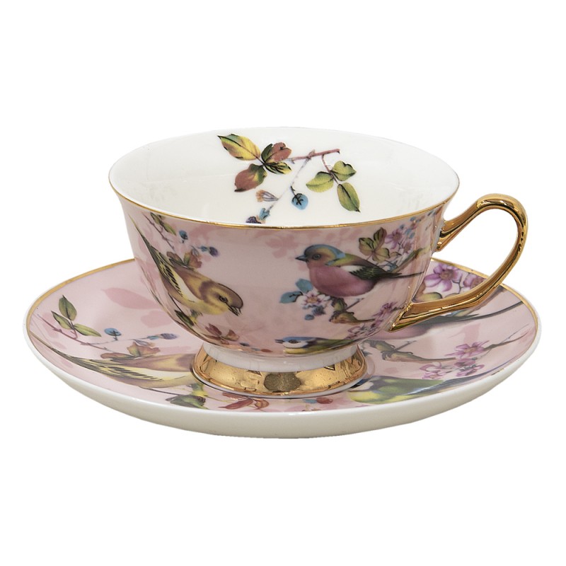 THBKS Cup and Saucer 200 ml Pink Porcelain Birds Tableware