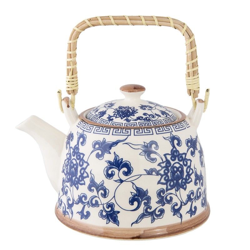 6CETE0004 Teekanne mit Filter 700 ml Blau Keramik Blumen Rund Kanne für Tee