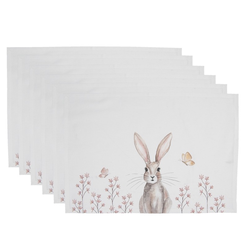 REB40 Placemats Set of 6 48x33 cm White Brown Cotton Rabbit Rectangle Table Mat