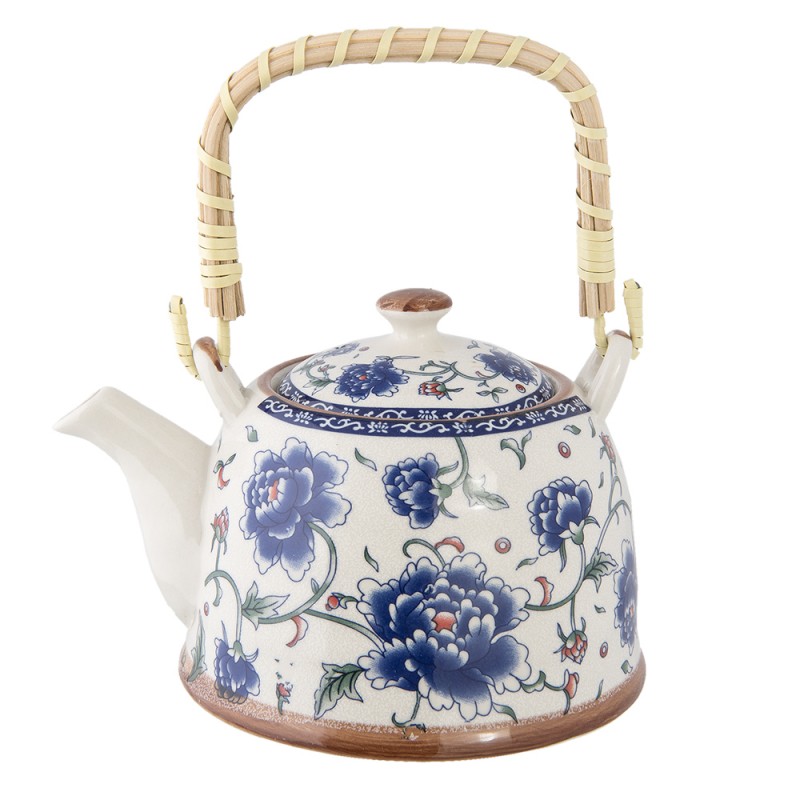 6CETE0008 Teekanne mit Filter 700 ml Blau Keramik Blumen Rund Kanne für Tee