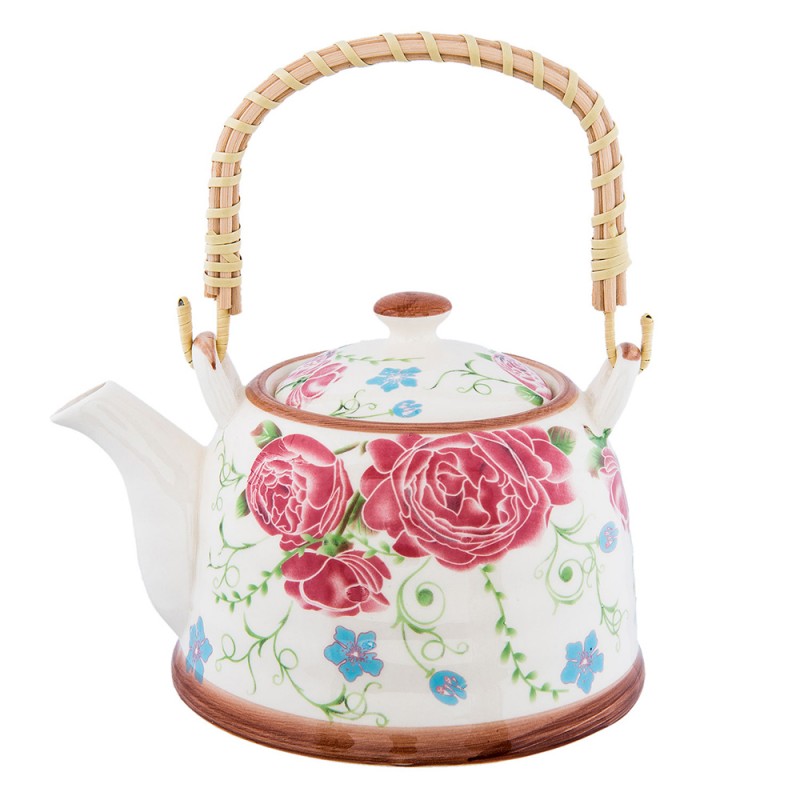 6CETE0020 Teekanne mit Filter 700 ml Beige Rosa Keramik Blumen Rund Kanne für Tee
