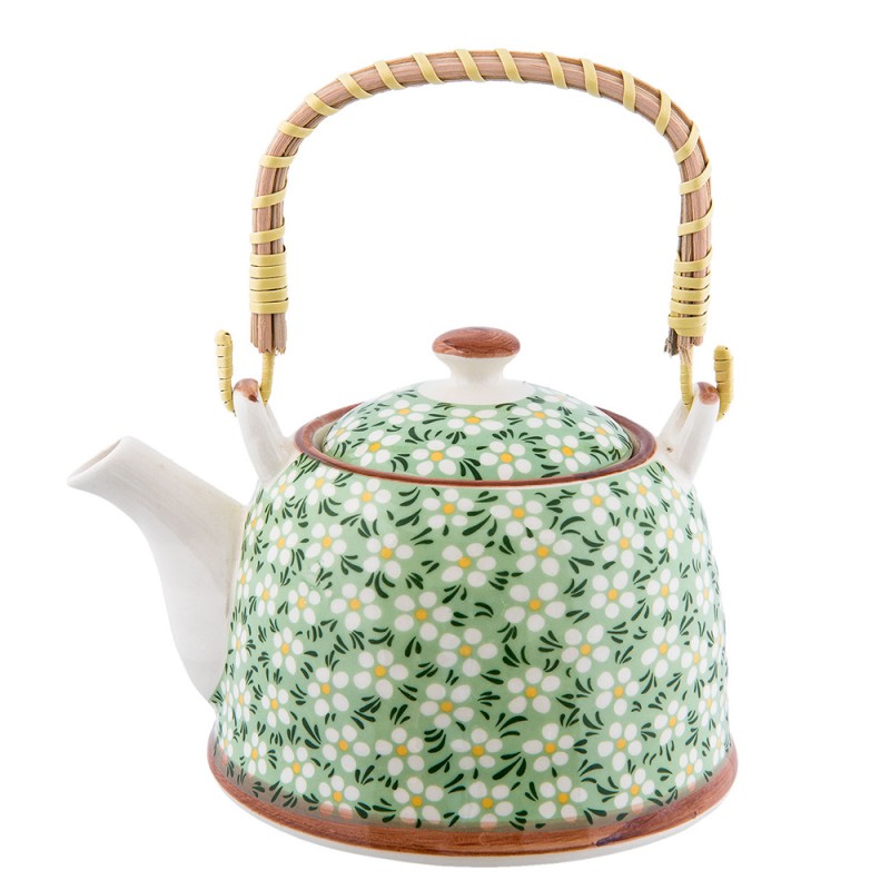 6CETE0023 Teapot with Infuser 700 ml Green Ceramic Flowers Round Tea pot