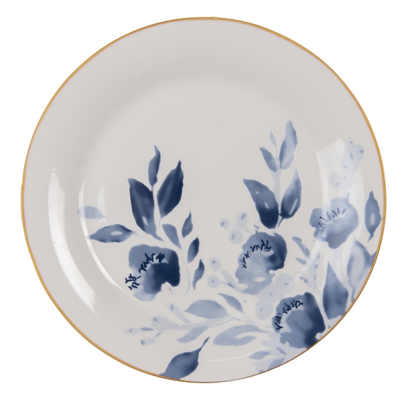 6CEDP0116 Breakfast Plate Ø 20 cm Blue Beige Ceramic Flowers Round Plate