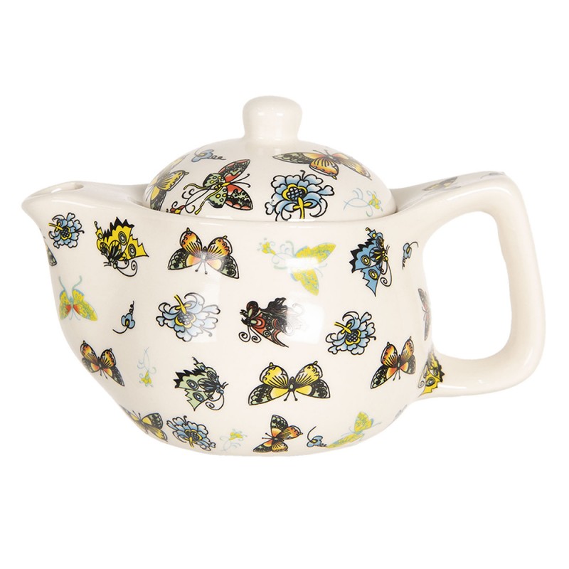 6CETE0069S Teekanne mit Filter 400 ml Beige Gelb Porzellan Schmetterlinge Rund Kanne für Tee