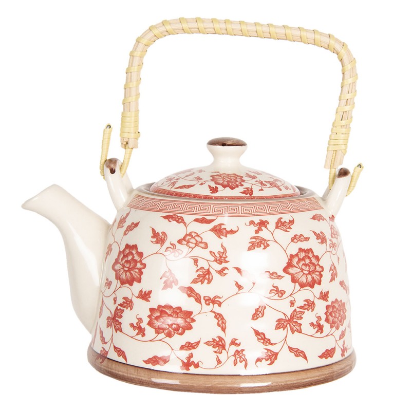 6CETE0071L Teekanne mit Filter 800 ml Beige Rot Porzellan Blumen Rund Kanne für Tee