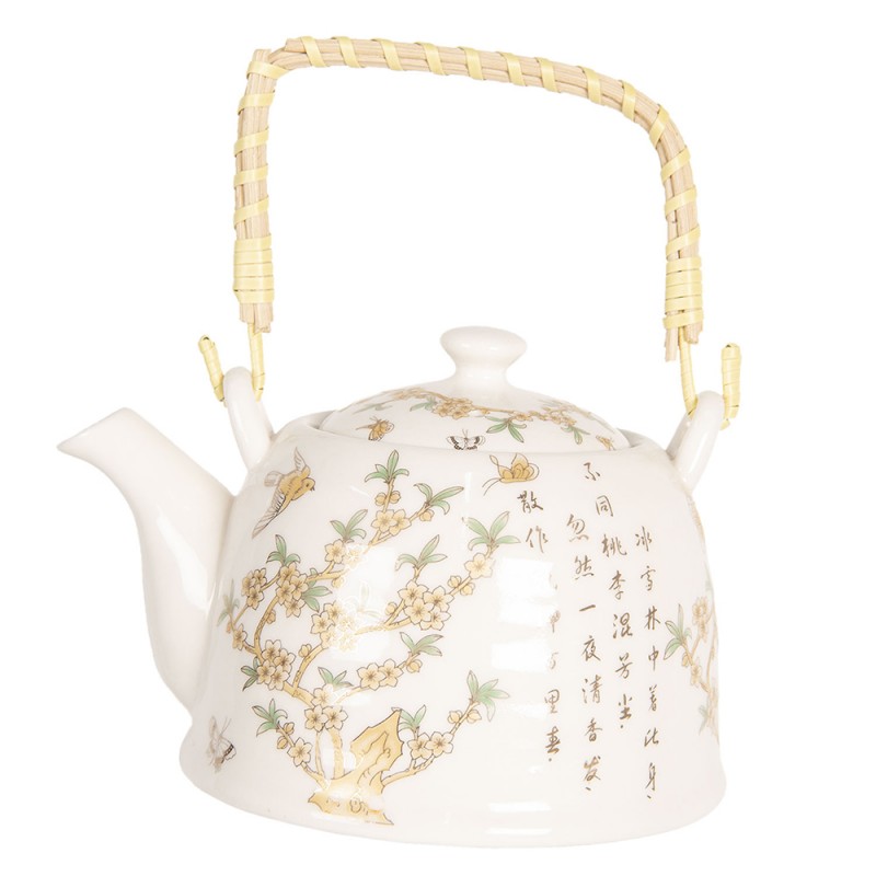 6CETE0078 Teekanne mit Filter 800 ml Beige Braun Porzellan Blumen Rund Kanne für Tee