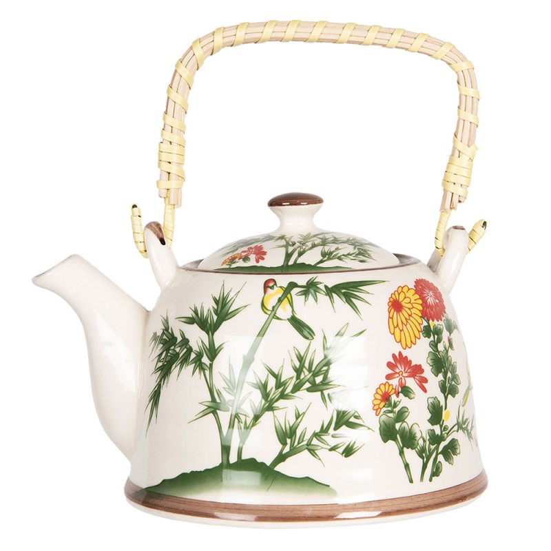 6CETE0080 Teekanne mit Filter 800 ml Beige Grün Porzellan Blumen Rund Kanne für Tee