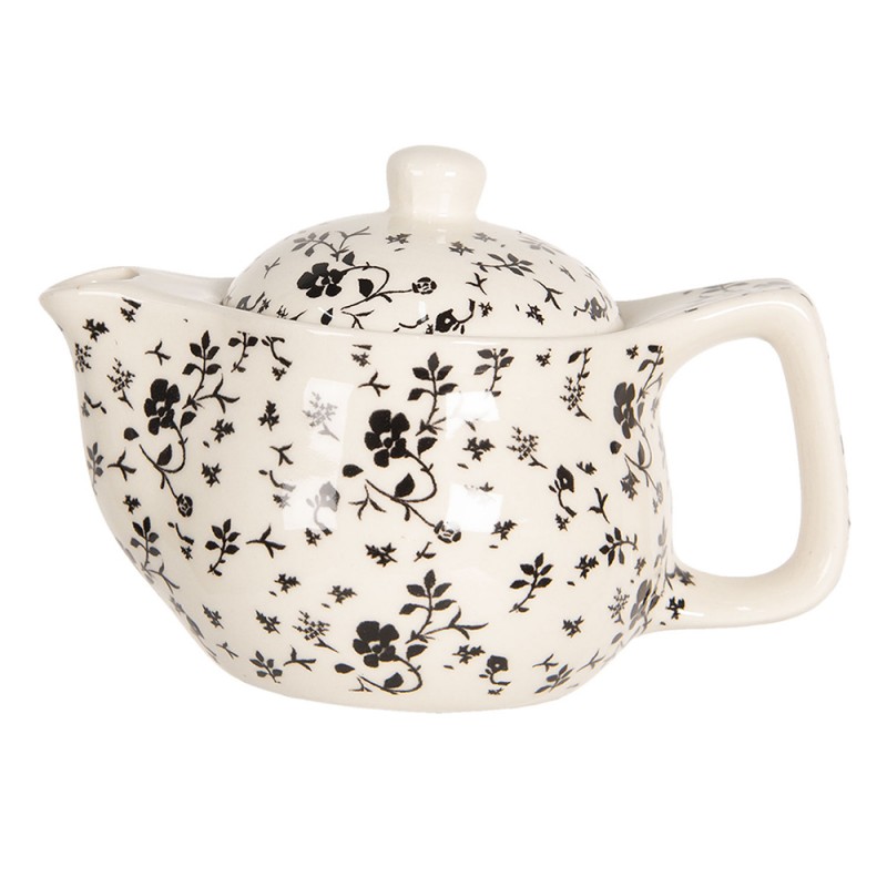 6CETE0081S Théière avec filtre 400 ml Beige Noir Porcelaine Fleurs Rond Pichet pour le thé