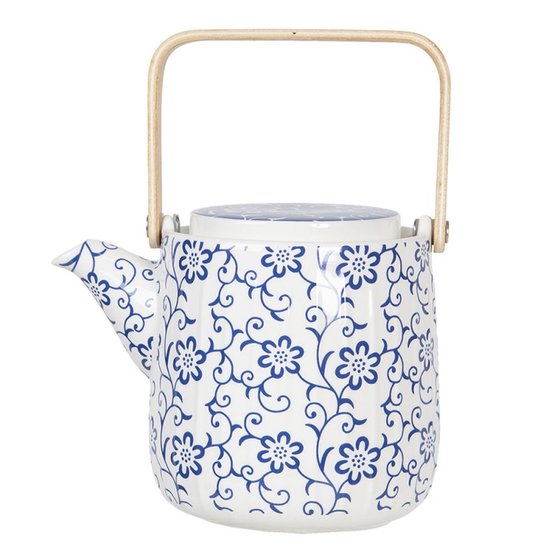 6CETE0094 Teekanne 800 ml Blau Weiß Porzellan Blumen Rund Kanne für Tee
