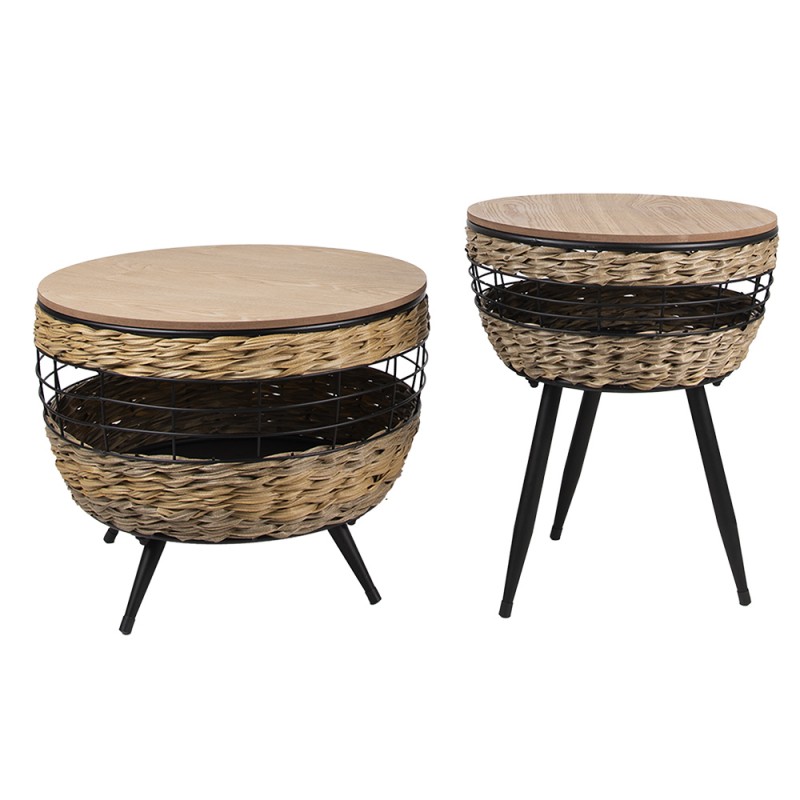 65112 Side Table Set of 2 Ø 50x40 cm Brown Iron Wood Round Side Table
