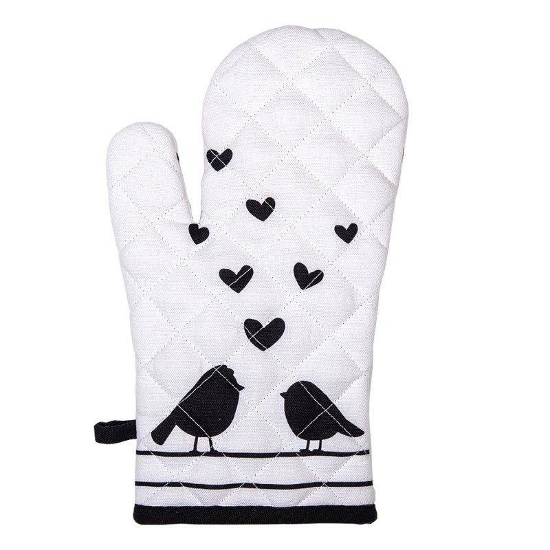 LBS44 Oven Mitt 18x30 cm White Black Cotton Hearts Birds Oven Glove