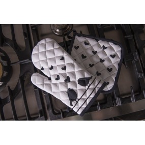 2LBS44 Oven Mitt 18x30 cm White Black Cotton Hearts Birds Oven Glove