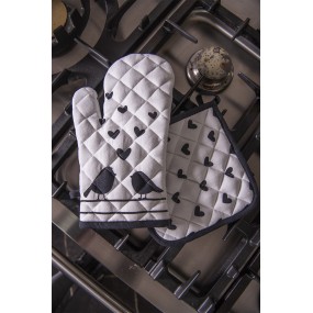 2LBS44 Oven Mitt 18x30 cm White Black Cotton Hearts Birds Oven Glove