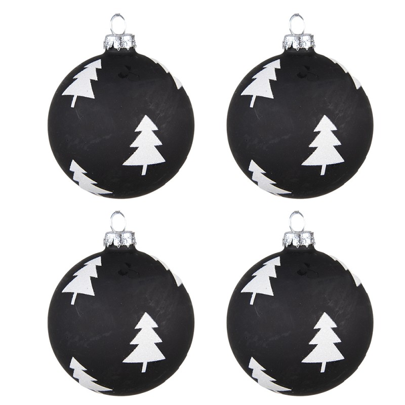 6GL4165 Christmas Bauble Set of 4 Ø 8 cm Black White Glass Christmas Trees Christmas Decoration