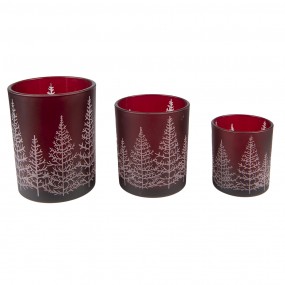 26GL4097 Tealight Holder Set of 3 Red Glass Pine Trees Round Tea-light Holder