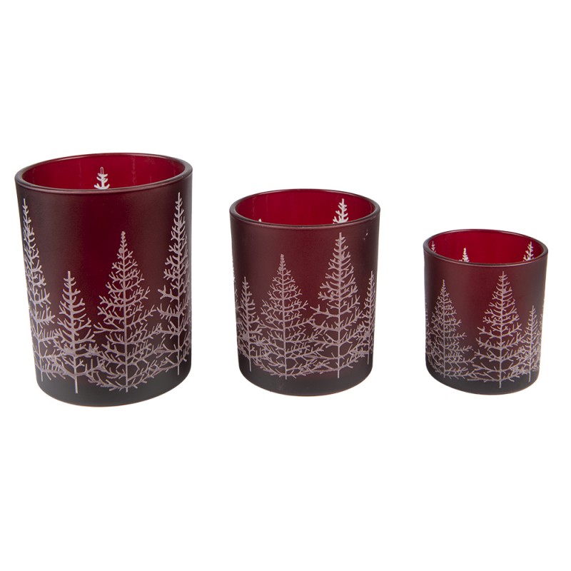 6GL4097 Tealight Holder Set of 3 Red Glass Pine Trees Round Tea-light Holder