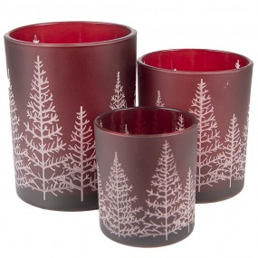 26GL4097 Tealight Holder Set of 3 Red Glass Pine Trees Round Tea-light Holder