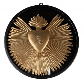 265176 Wall Decoration Ø 23x2 cm Gold colored Black Iron Glass Sacred Heart Round Wall Decor