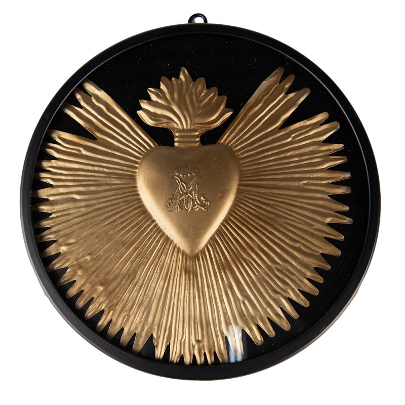 65176 Wall Decoration Ø 23x2 cm Gold colored Black Iron Glass Sacred Heart Round Wall Decor