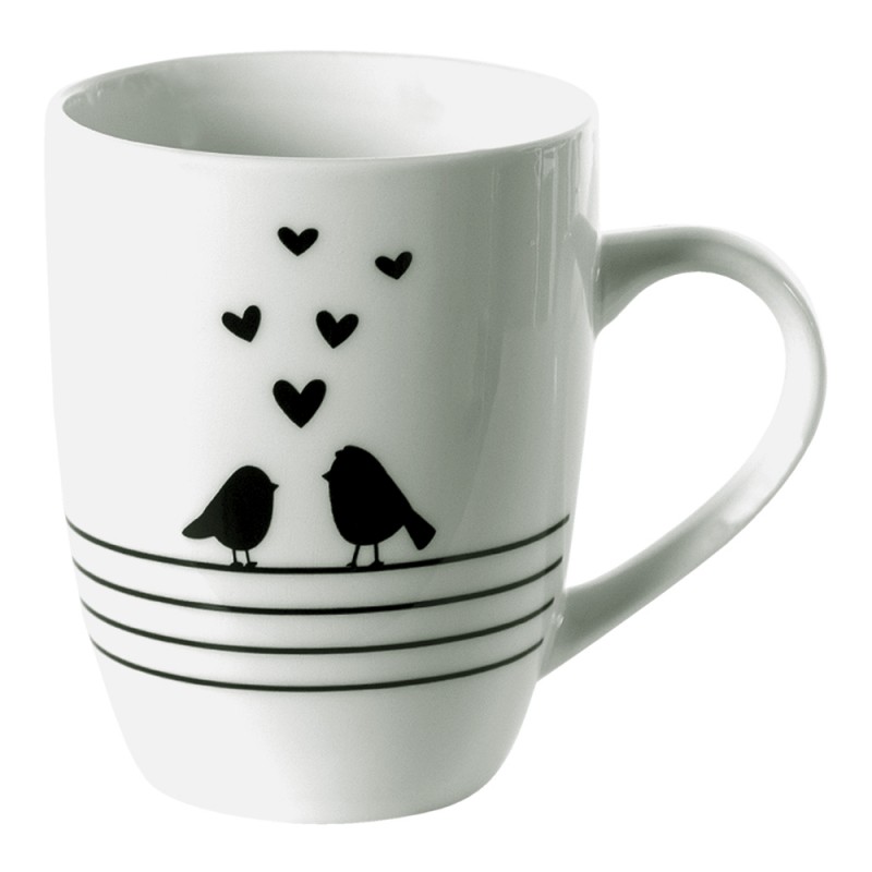 LBSMU Mug 350 ml White Black Porcelain Hearts Birds Tea Mug
