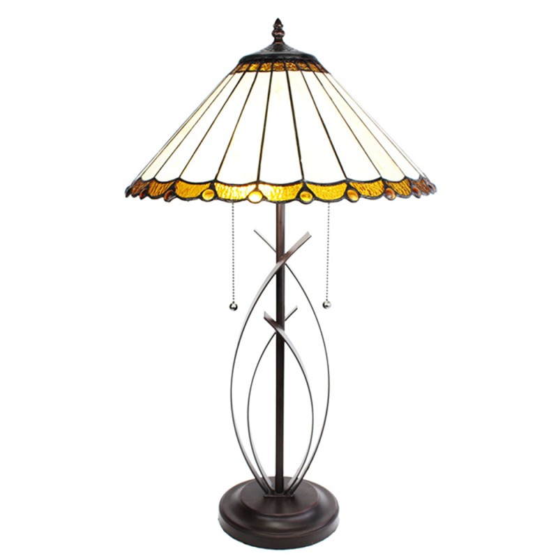 5LL-6282 Table Lamp Tiffany Ø 41x69 cm Beige Brown Glass Plastic Round Desk Lamp Tiffany
