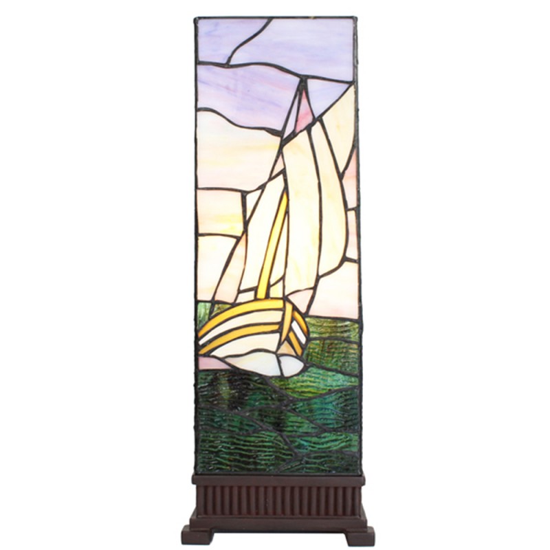 5LL-6293 Tiffany Tafellamp  18x18x48 cm  Beige Paars Glas Kunststof Zeilboot Vierkant Tiffany Bureaulamp