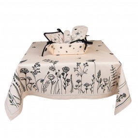 2FAF03 Tablecloth 130x180 cm Beige Black Cotton Flowers Table cloth