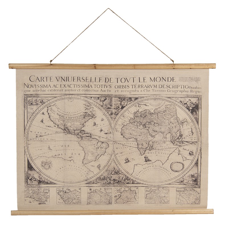 5WK0041 Wall Tapestry 100x75 cm Beige Brown Wood Textile World Map Rectangle Wall Hanging