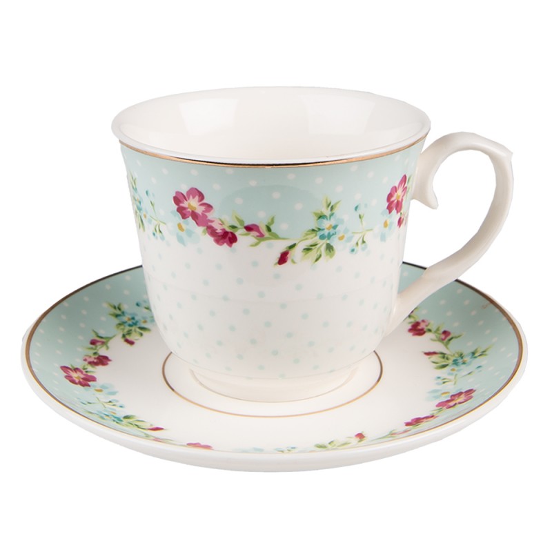 6CEKS0128 Cup and Saucer 250 ml White Green Porcelain Flowers Tableware