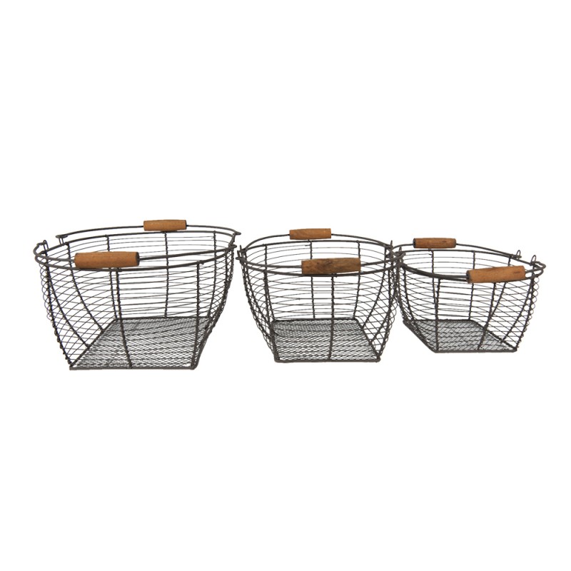 6Y4660 Storage Basket Set of 3 35x26x14 cm Brown Iron Wood Basket