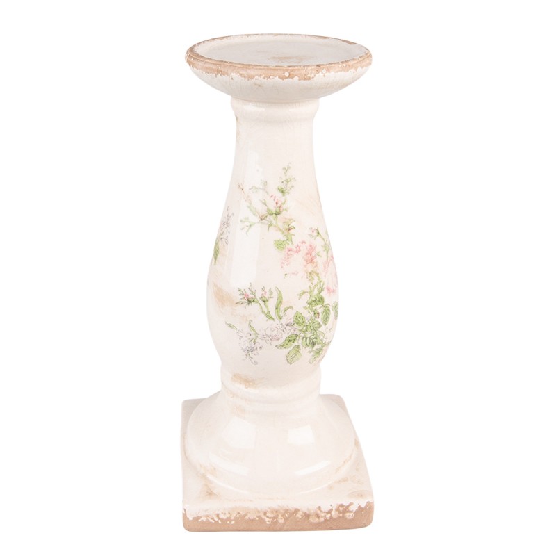 6CE1539L Kerzenständer 30 cm Rosa Beige Keramik Blumen Kerzenständer