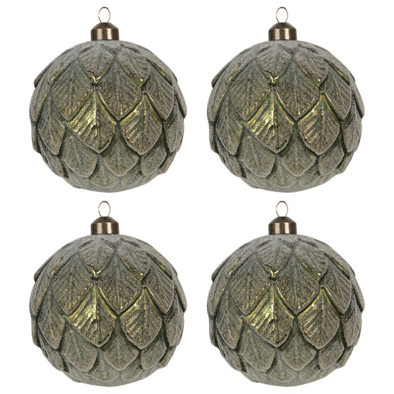 6GL2703 Christmas Bauble Set of 4 Ø 10 cm Green Glass Round Christmas Tree Decorations