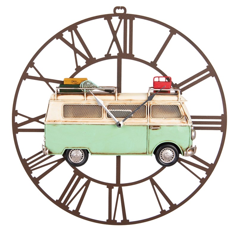 6KL0751 Wall Clock 48x50 cm Green Metal Van Round Hanging Clock