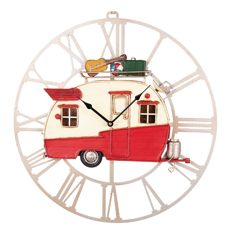 6KL0752 Wall Clock 48x50 cm Red White Metal Caravan Round Hanging Clock