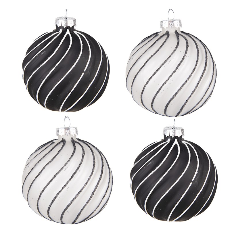 6GL4132 Christmas Bauble Set of 4 Ø 8 cm Black Grey Glass Christmas Decoration