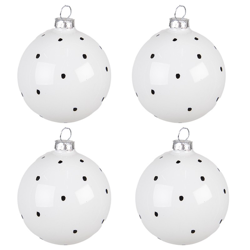6GL4177 Kerstballen set van 4 Ø 8 cm Wit Zwart Glas Stippen Kerstdecoratie Kerstversiering