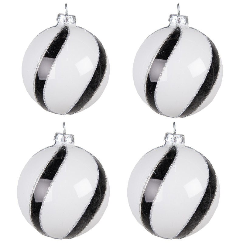6GL4178 Christmas Bauble Set of 4 Ø 8 cm White Black Glass Stripes Christmas Decoration