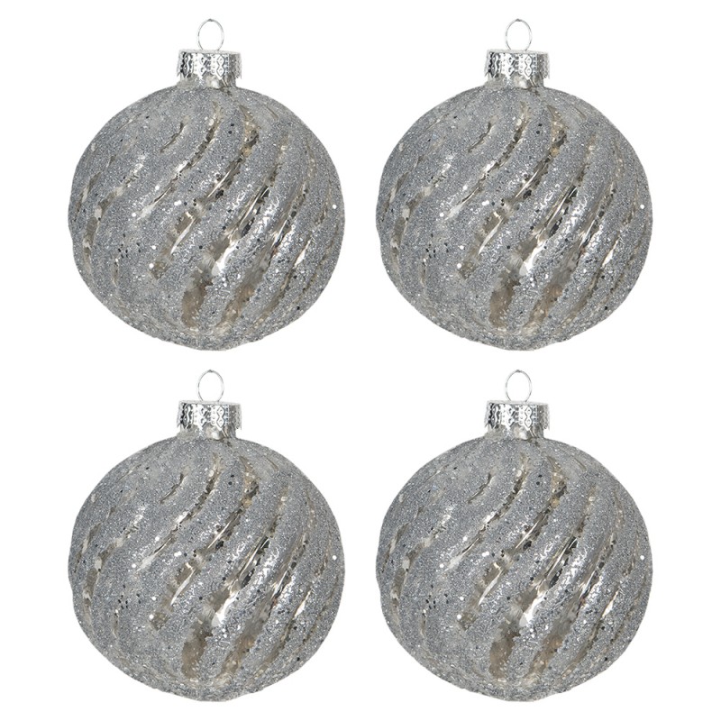 6GL2731 Christmas Bauble Set of 4 Ø 8 cm Silver colored Glass Round Christmas Tree Decorations