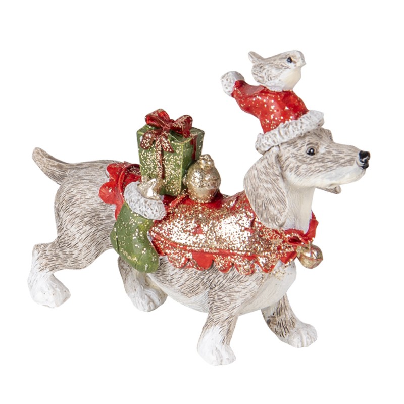 6PR4604 Beeld Hond 9x3x8 cm Wit Rood Polyresin Kerstdecoratie