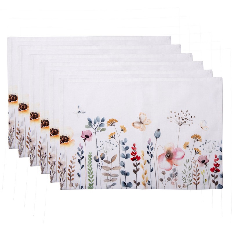 FOB40 Placemats Set of 6 48x33 cm White Green Cotton Flowers Rectangle Table Mat
