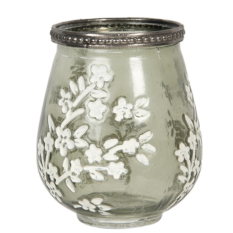 6GL2876 Tealight Holder Ø 9x11 cm Green White Glass Metal Flowers Tea-light Holder