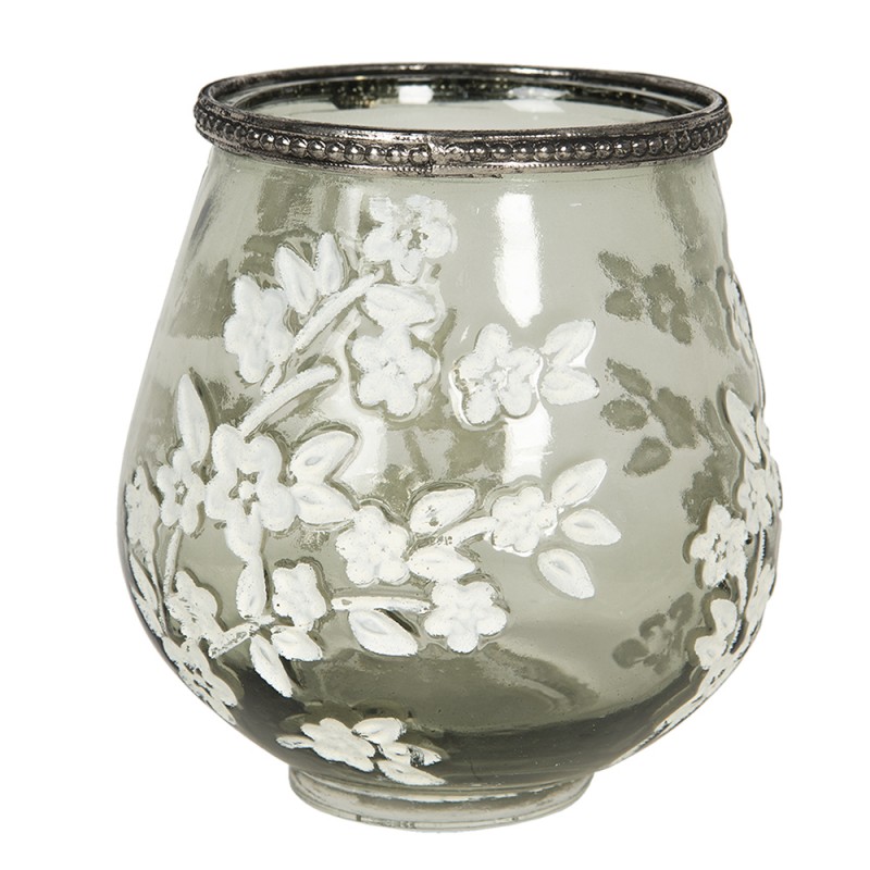 6GL2877 Porte-bougie Ø 12x13 cm Vert Blanc Verre Métal Fleurs Porte-bougies