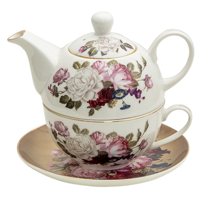 6CE1288 Tea for One 400 ml / 250 ml Weiß Braun Porzellan Blumen Rund Teekanne-Set