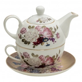 26CE1288 Tea for One 400 ml / 250 ml Weiß Braun Porzellan Blumen Rund Teekanne-Set