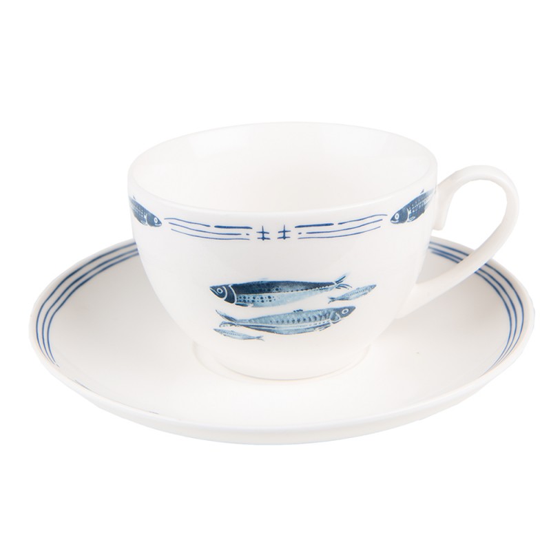 FIBKS Tasse mit Untertasse 250 ml Weiß Blau Porzellan Fische Geschirr