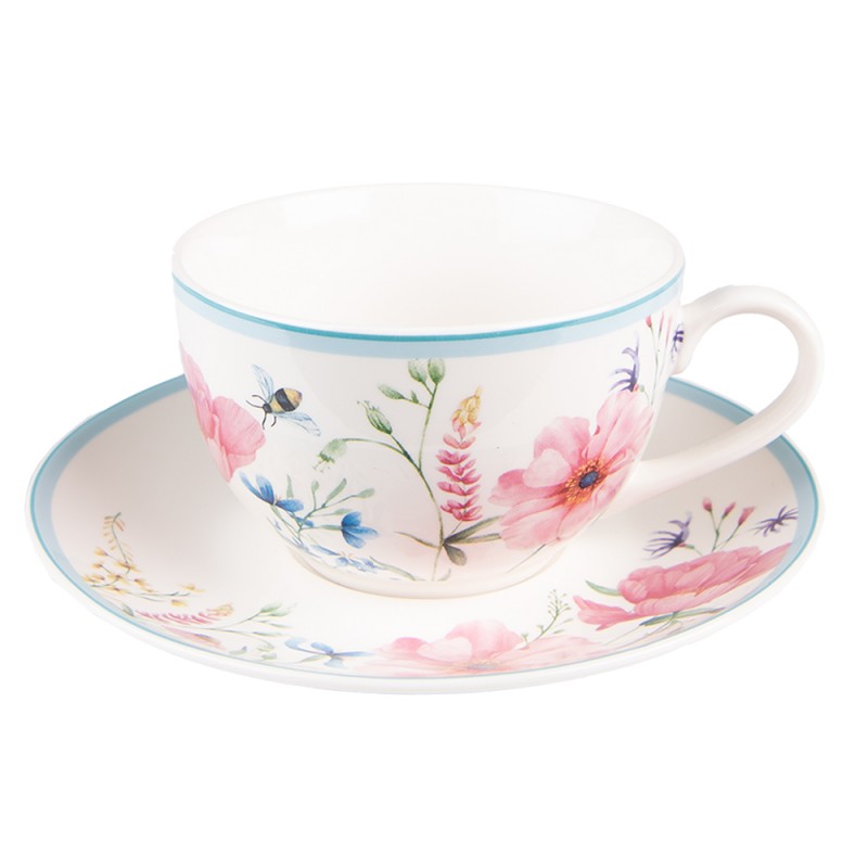 PPOKS Cup and Saucer 230 ml White Pink Porcelain Flowers Tableware