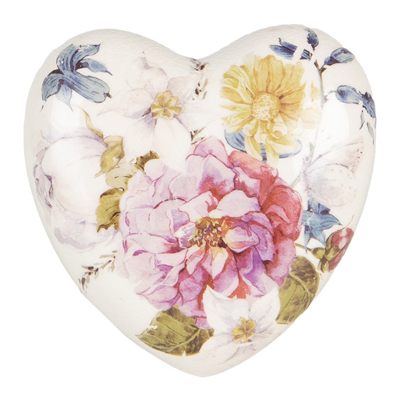 6CE1561M Decoration Heart 8x8x4 cm Pink Beige Ceramic Flowers