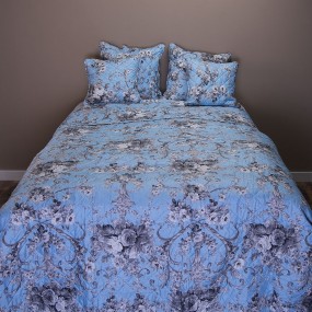 2Q192.061 Bedspread 2-persoons Blue Grey Polyester Flowers Rectangle Quilt
