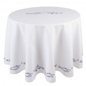 2SSF07 Tablecloth Ø 170 cm White Blue Cotton Fish Round Table Cover