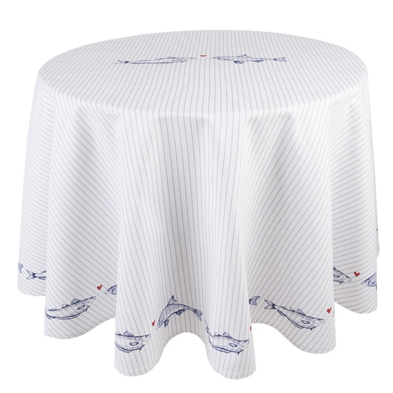 SSF07 Tablecloth Ø 170 cm White Blue Cotton Fish Round Table Cover